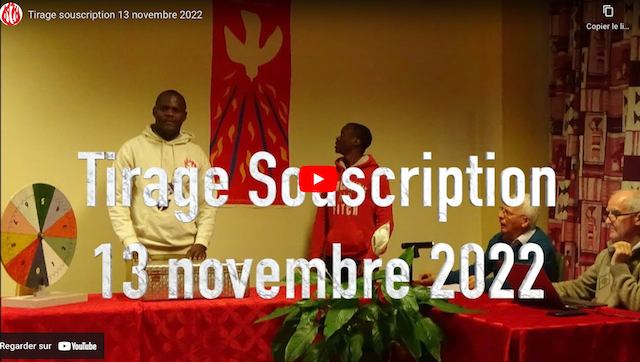 Regardez la vidéo du tirage de la souscription pour les numéros gagnants des 10 premiers lots puis la liste des suivants. Merci à toutes celles et ceux qui ont pris des tickets et bravo aux heureux élus. Les fonds récoltés sont destinés à soutenir la mission des spiritains en France et dans le monde.